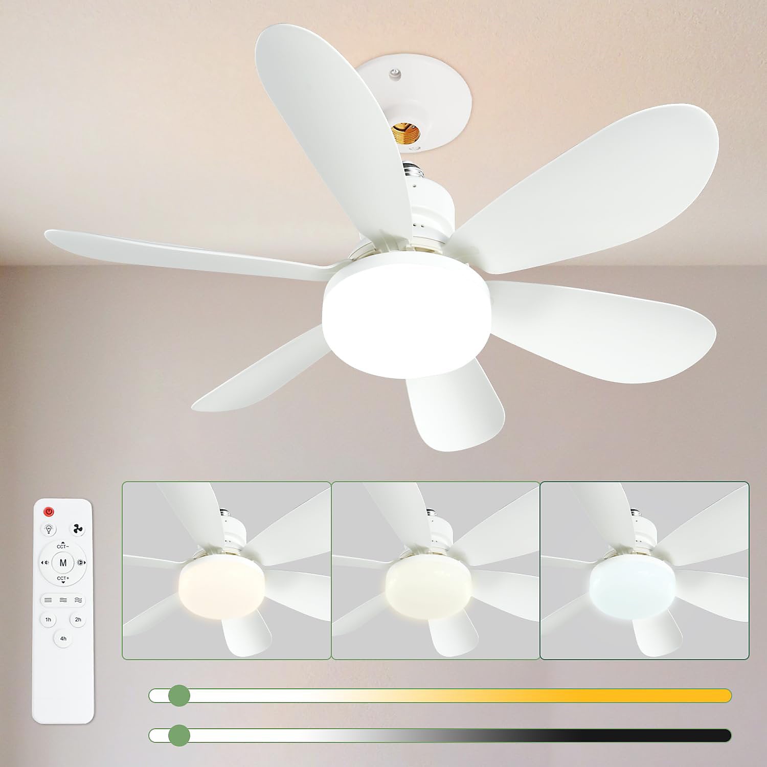 Ventilador Techo LED 40W E27, 3 Velocidades, Temporizador, Blanco