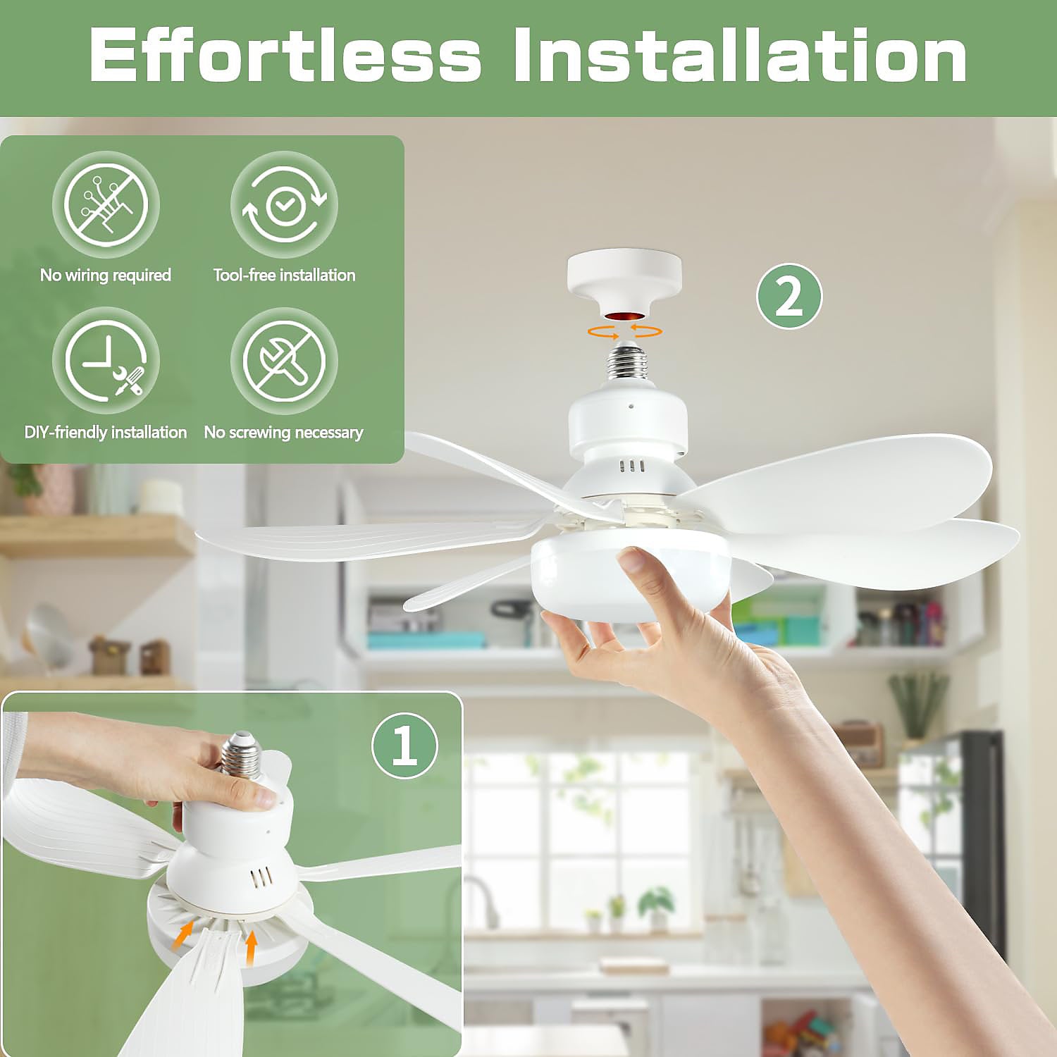 Ventilador Techo LED 40W E27, 3 Velocidades, Temporizador, Blanco