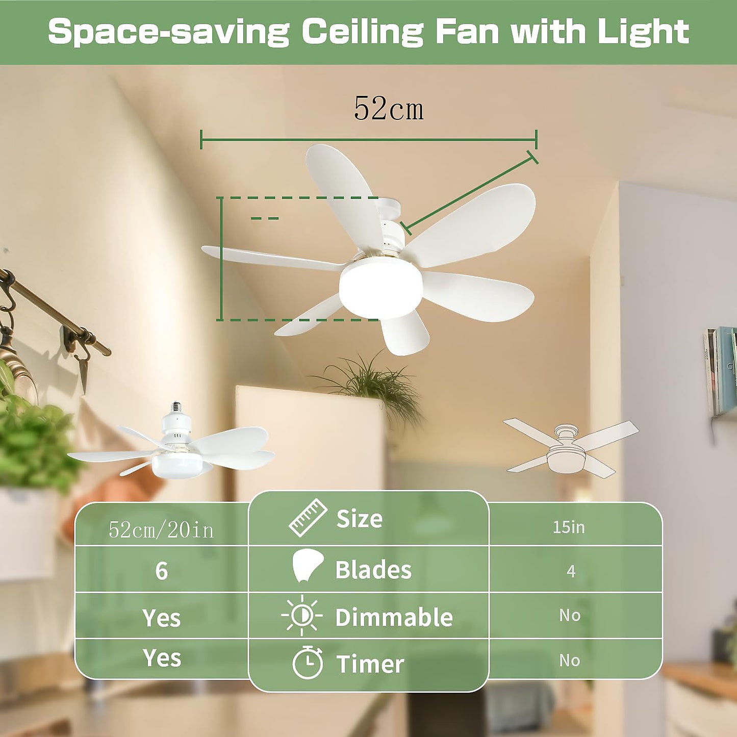 Ventilador Techo LED 40W E27, 3 Velocidades, Temporizador, Blanco