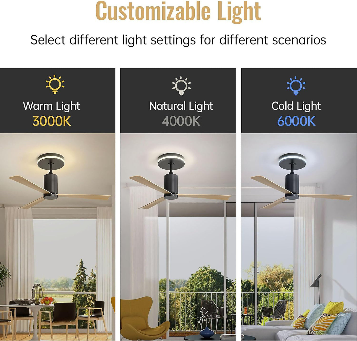Ventilador de techo Fortuna Lai 52" 3 palas ABS motor DC 6 velocidades con mando a distancia, silencioso