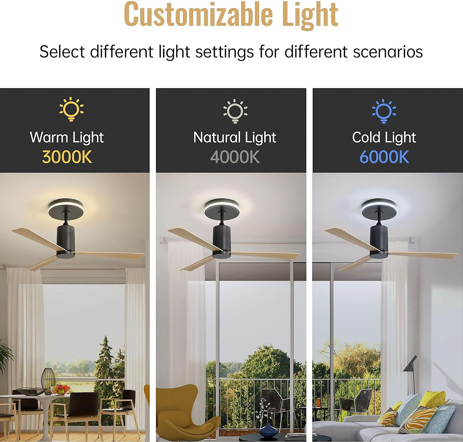 Ventilador de techo Fortuna Lai 52" 3 palas ABS motor DC 6 velocidades con mando a distancia, silencioso