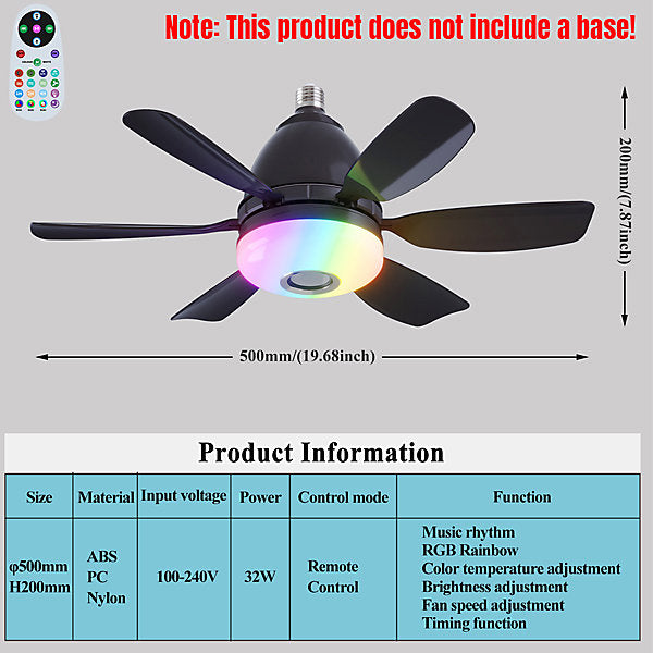 Bextsrack Ventilador Techo E27 LED RGB, Control Remoto, 50cm