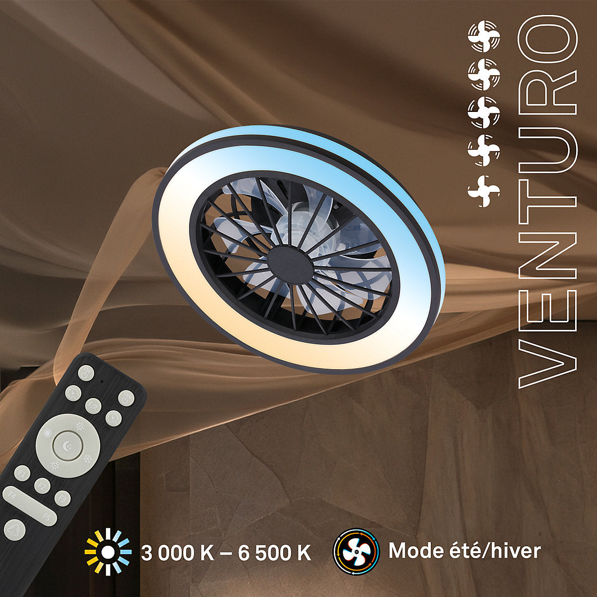 Briloner VENTURO Ventilador de Techo LED CCT Negro 24W 2600lm