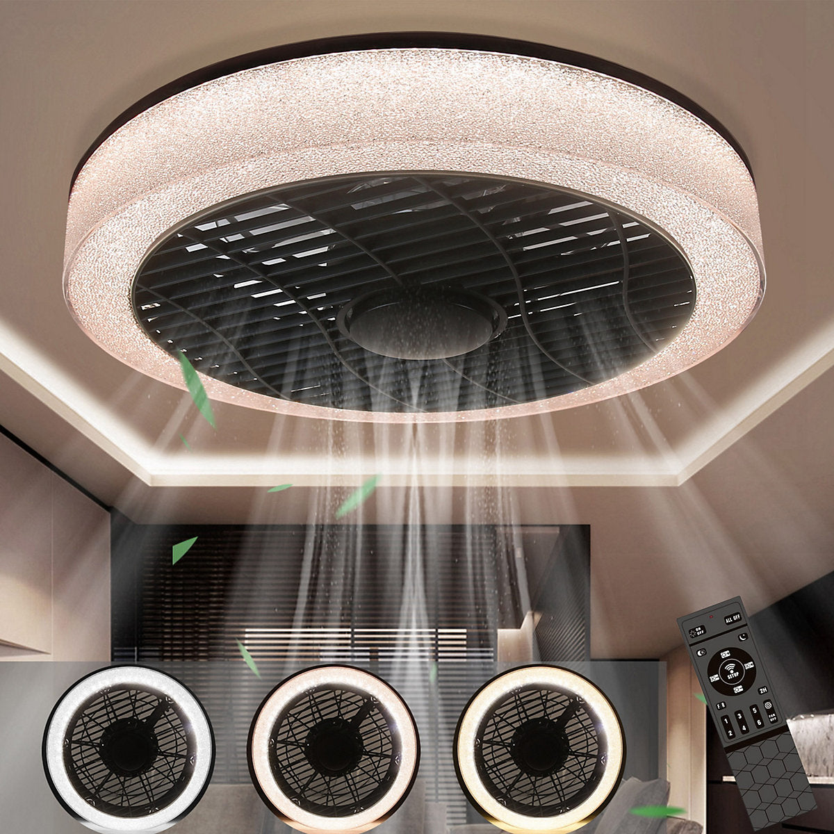 ZMH Ventilador De Techo Negro Silencioso Luz y Control Remoto